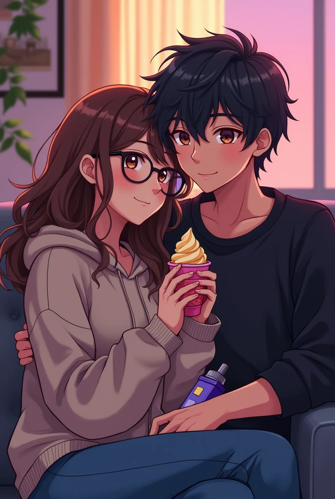 Anime cute gamer girl with brown hair brown eyes wearing cute glasses, big boobies wearing comfy sweatshirt eating gelato cuddling anime cool gamer guys lap that has dark hair dark eyes wearing a black shirt with an indonesian black smoking purple vape in a gaming room