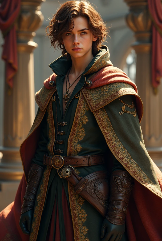 A medieval gunslinger Teenager In elegant robes Man Brown hair