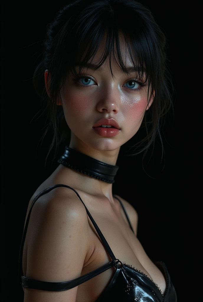 ((Full body)) a beautiful slim girl with small breasts, naked body, pubic hair, choker, blue hair, realistic, photorealistic, high resolution, detailed face, beautiful detailed eyes, beautiful detailed lips, extremely detailed face, long eyelashes, intricate details, realistic skin texture, flawless skin, cinematic lighting, dramatic lighting, moody lighting, warm color palette, glowing skin, atmospheric, ethereal, elegant, graceful, serene