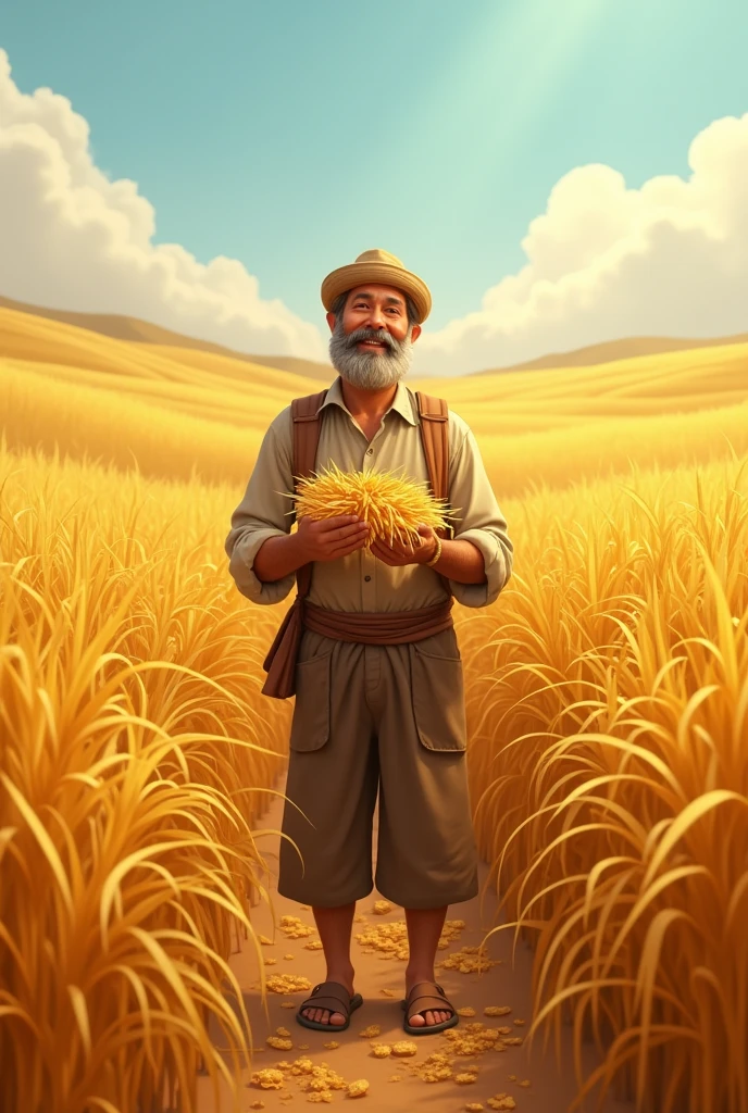 thriving field of golden crops under a bright, clear sky. Ramū stands proudly in the middle of the field, holding some of the harvested crops in his hands, with a big smile on his face. His clothes are still simple, but he looks satisfied and fulfilled, knowing that his hard work has paid off."
