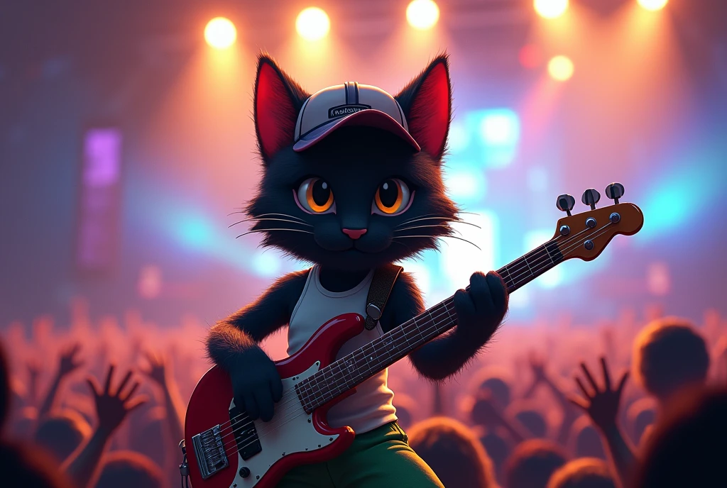night, kitty, black hair, bassist cat, playing bass, bass guitar,wearing green long shorts, white sleeveless shirt, cap, in rock concert, rock festival,