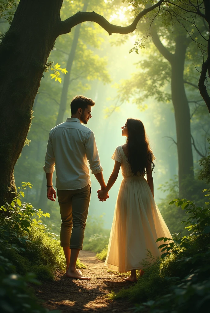 A handsome young man takes a beautiful young woman by the hand and leads him into the forest.
