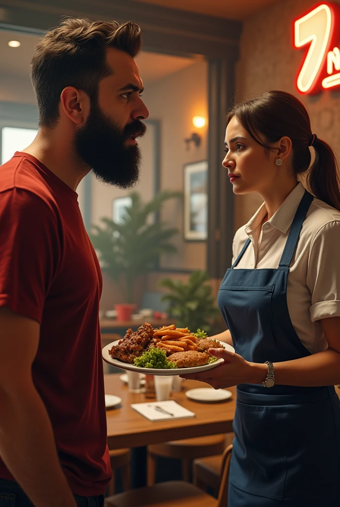 angry man with beard looking at the waitress who is coming to serve her food in plate. in nandos resturant