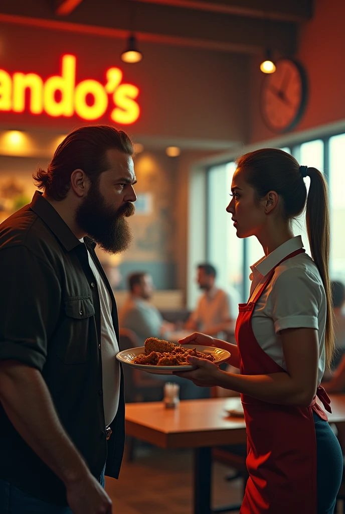 angry man with beard looking at the waitress who is coming to serve her food in plate. in nandos resturant