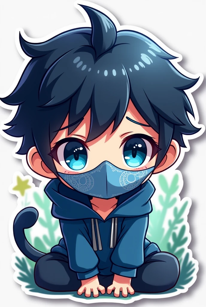 CUTE STICKER CHIBI BOY black hair blue eyes horn small blue masks covering half of the face