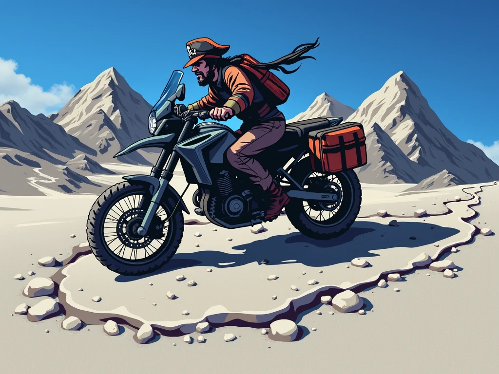 ((Logo vector con borde blanco:1.5)), ((Honda NC750X 2016 model year)) , ((trail bike with panniers)), ((pirate riding a motorcycle)), (((crear un Logo vectorizado con borde blanco de un pirata manejando una honda TRAIL))), fondo montañas a close up of a person riding a dirt bike on a mountain, adventurous, Logotipo deportivo, Estilo de Logotipo vectorizado, Logo vector art, adventure, Diseño de concepto de Logotipo, travel and adventure, riding, new adventure, Diseño de Logo, by Daniel Schultz, trail of light, arte del Logotipo, simple and clean illustration, Extreme sports, Logo, Logo