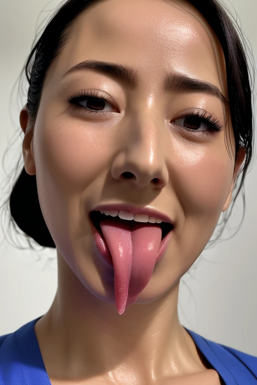 Tabletop,,Award-winning photo, Very detailed, Sharp focus on the eyes, Nose and mouth,Face Focus, Woman with open mouth and closed eyes, Blue camisole、Age 35,Black-haired、Symmetrical face,Realistic nostrils、Angle from below,,Sweaty skin、Sweaty skinを際立たせる照明,Skin shiny with sweat、Glowing Skin、Sweaty hair,Beautiful Japanese actresses,smile,(Super wet skin)((Ahegao,,Sticking out tongue,Long Tongue,))((Realistic eyelashes with attention to detail))((Ahegao, Drooling, traces of saliva, Long Tongue, Face to face, Textured skin, Anatomically correct, Ultra-high resolution,))Thick tongue,Realistic moist skin