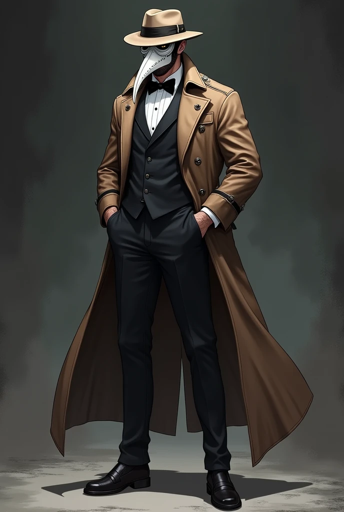 anime man in tuxedo, a brown trench coat that reaches to the knees with black details, rustic boots, a cloth fedora hat and a plague doctor mask, the mask is white and looks intimidating, that he is a little muscular but not excessively so