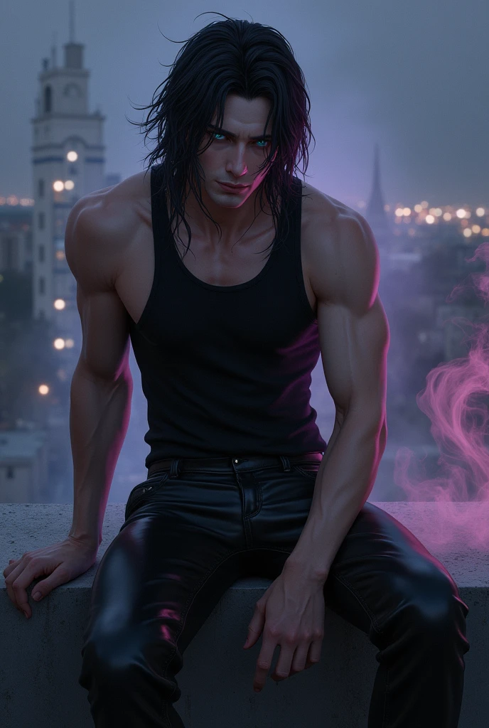 Sexy male with blue-green eyes and long black hair, Beautiful and delicate facial features, muscular and toned body, He is wearing a black tank top and shiny black leather jeans.. His skin is pale and white, and、I&#39;m sitting on the edge of the rooftop smoking a cigarette. He looks unhappy. (male) (Black and purple) (Be realistic) ((No beard)) ((No body hair)) ((dark atmosphere)) (Smoky atmosphere)) ((masterpiece)) (dark) ((detailed)) ((Looking down at the camera)) 