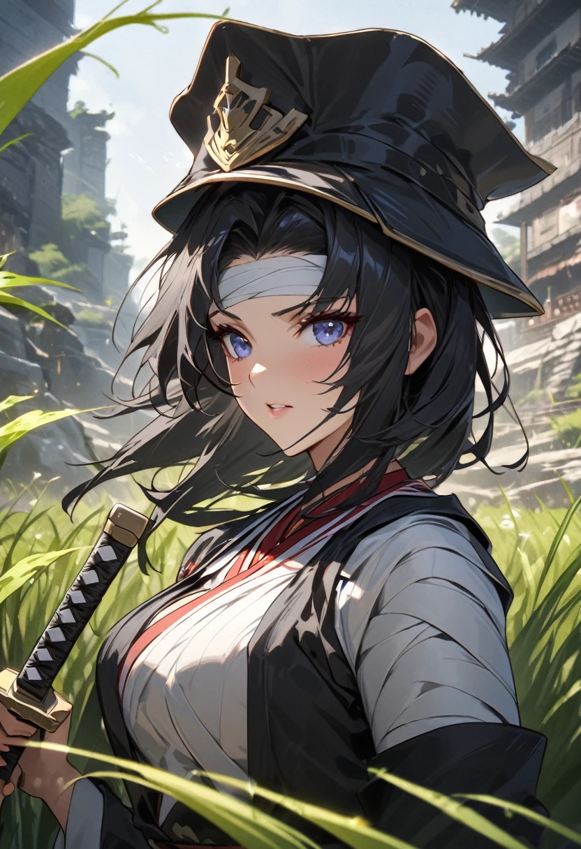 Ninja girl anime from feudal Japan, Super beautiful, (((forehead bandaged))), ((( feudal hat))), ((Masterpiece:1.2)), ((Highest quality)), (((Upper body covered))),close up, Carrying the sword of Katana, urban samurai, Anthem game inspiration, epic picture, Era, Inspired by ESAO, Amazing screensaver, blade of grass, Soft shade, Ian Callum •, love of wisdom, clean graphic design, exit: Jansen River, Great character