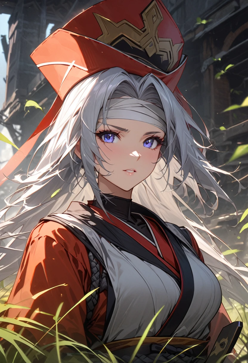 Ninja girl anime from feudal Japan, Super beautiful, (((forehead bandaged))), ((( feudal hat))), ((Masterpiece:1.2)), ((Highest quality)), (((Upper body covered))),close up, Carrying the sword of Katana, urban samurai, Anthem game inspiration, epic picture, Era, Inspired by ESAO, Amazing screensaver, blade of grass, Soft shade, Ian Callum •, love of wisdom, clean graphic design, exit: Jansen River, Great character