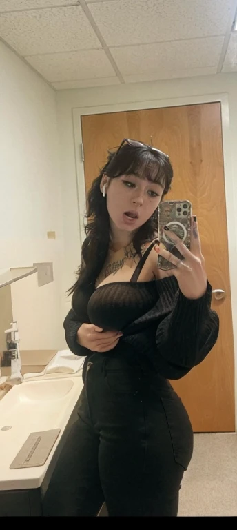 there is a woman taking a selfie in a mirror, profile picture, profile image, profile pic, taken in the early 2020s, with tattoos, cruel korean goth girl, very very low quality picture, selfie of a young woman, headshot profile picture, ulzzang, with bangs, 30 years old woman, 3 0 years old woman, very sexy outfit, Big , huge , no clothes, sexy, cute, wide hips, thick thighs, pear-shaped body, minimal clothes, thick, bbw, chubby stomach, thick nipples, nipple piercings, large areola, hard nipples, piercing through shirt, nipples hard through shirt, busty, major cleavage, naked, ripping through top, spilling over sides, bra too tight, giant , huge ass, down to knees, facing left 