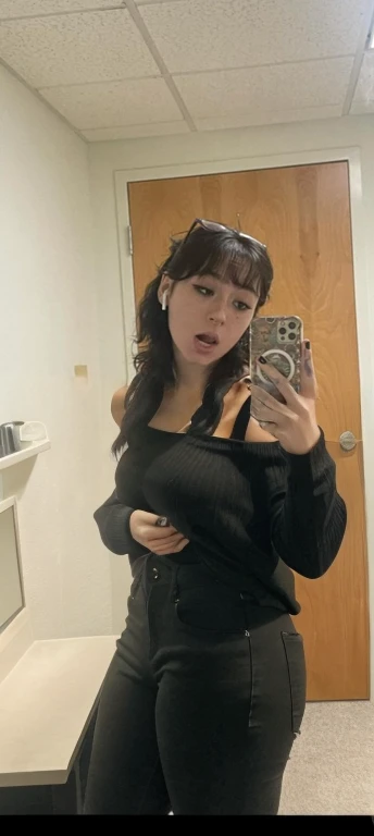 there is a woman taking a selfie in a mirror, profile picture, profile image, profile pic, taken in the early 2020s, with tattoos, cruel korean goth girl, very very low quality picture, selfie of a young woman, headshot profile picture, ulzzang, with bangs, 30 years old woman, 3 0 years old woman, very sexy outfit, Big , huge , no clothes, sexy, cute, wide hips, thick thighs, pear-shaped body, minimal clothes, thick, bbw, chubby stomach, thick nipples, nipple piercings, large areola, hard nipples, piercing through shirt, nipples hard through shirt, busty, major cleavage, naked, ripping through top, spilling over sides, bra too tight, giant , huge ass, down to knees, facing left