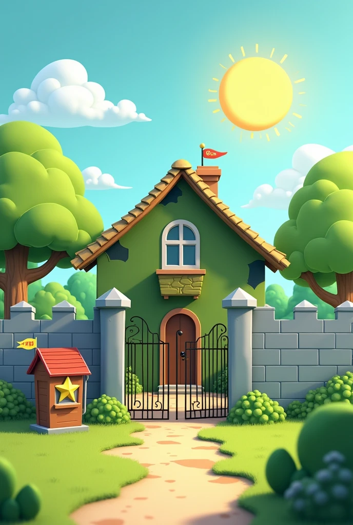 "A children's style house inspired by the Brazilian army, with a cartoon design. The house has camouflaged green walls and a simple roof, also in shades of green. Around the house, there are high walls that surround the entire property, including the front. The walls are designed as solid and robust blocks, with an iron gate at the entrance, adorned with a stylized military star. In front of the wall, there is a small guardhouse with childish details, such as a red roof and small flags on the sides. The garden inside the walls is well maintained, with green grass and some trees designed in a simplified way. The sky in the background is clear, with few clouds and a radiant sun, creating a safe and welcoming atmosphere."