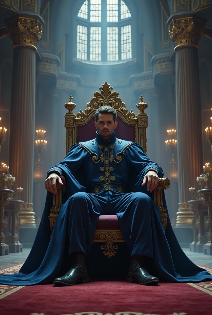 seated king king on a throne in the castle hall with dark blue clothes and a scepter, ralista In a large hall
