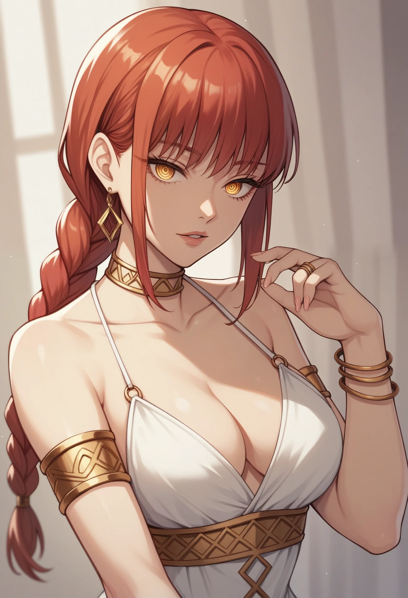 1girl, makima_(chainsaw_man), jewelry, ringed_eyes, breasts, solo, yellow_eyes, red_hair, bracelet, necklace, looking_at_viewer, braid, dress, ring, cleavage, braided_ponytail, earrings, white_dress, sidelocks, armlet, bangs, parted_lips, alternate_costume, long_hair, medium_breasts, cosplay, bare_shoulders, collarbone, hand_up, choker, upper_body