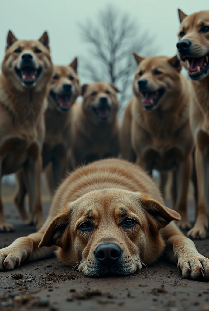 Create a dog that cries because it is injured, surrounded by 5 other dogs laughing