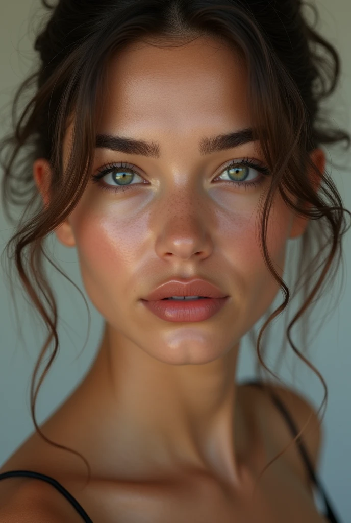 1girl,( looking at viewer:1.5),(FACE FOCUS),(upper body),, (closed mouth:1.5), high definition,1HEAD,, best quality, ultra high res, (photorealistic:1.5),(Skin reflection:1.3), RAW photo,physically-based rendering,, shiny skin,, curvy, , simple background,
