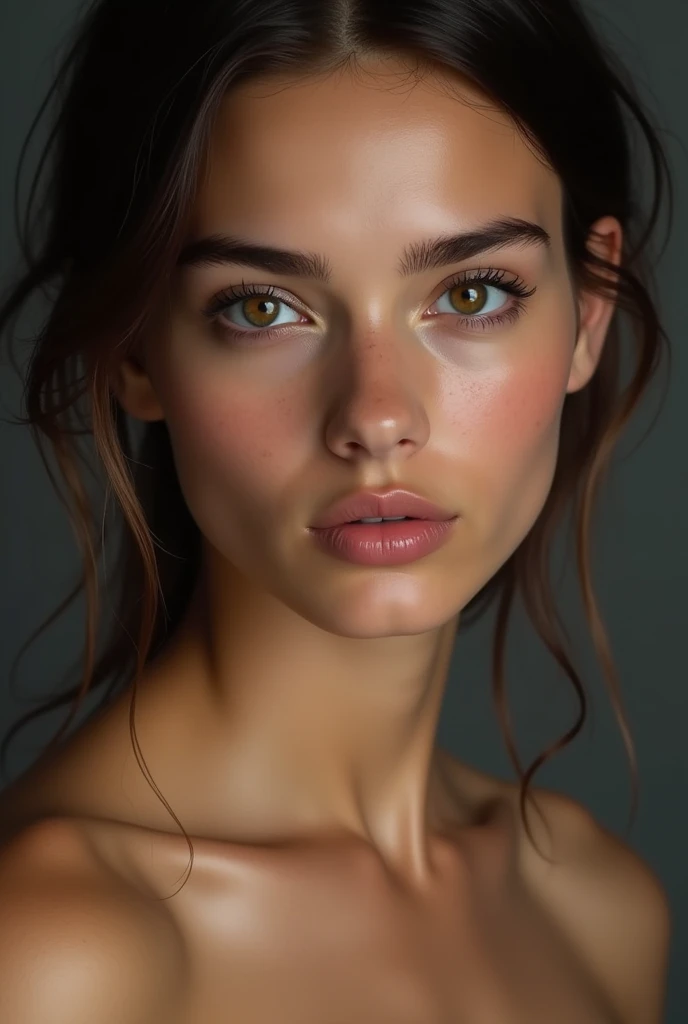 1girl,( looking at viewer:1.5),(FACE FOCUS),(upper body),, (closed mouth:1.5), high definition,1HEAD,, best quality, ultra high res, (photorealistic:1.5),(Skin reflection:1.3), RAW photo,physically-based rendering,, shiny skin,, curvy, , simple background,