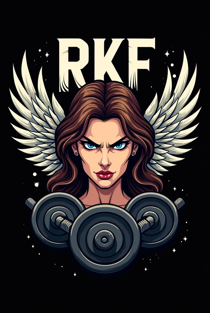 coat of arms of an academy whose mascot is a beautiful woman, gorgeous woman, brunette blue eyes, sensuous, sexly, very angry face, On the coat of arms of gym weights, the woman from the waist up with her face right in the middle, with not so big wings coming out from behind her aligned with her eyes and weights at the bottom of the crest. written at the top of the coat of arms "RKF" with black splash behind the coat of arms
