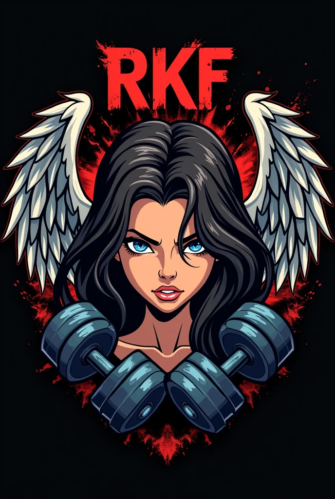 coat of arms of an academy whose mascot is a beautiful woman, gorgeous woman, brunette blue eyes, sensuous, sexly, very angry face, On the coat of arms of gym weights, the woman from the waist up with her face right in the middle, with not so big wings coming out from behind her aligned with her eyes and weights at the bottom of the crest. written at the top of the coat of arms "RKF" with black splash behind the coat of arms