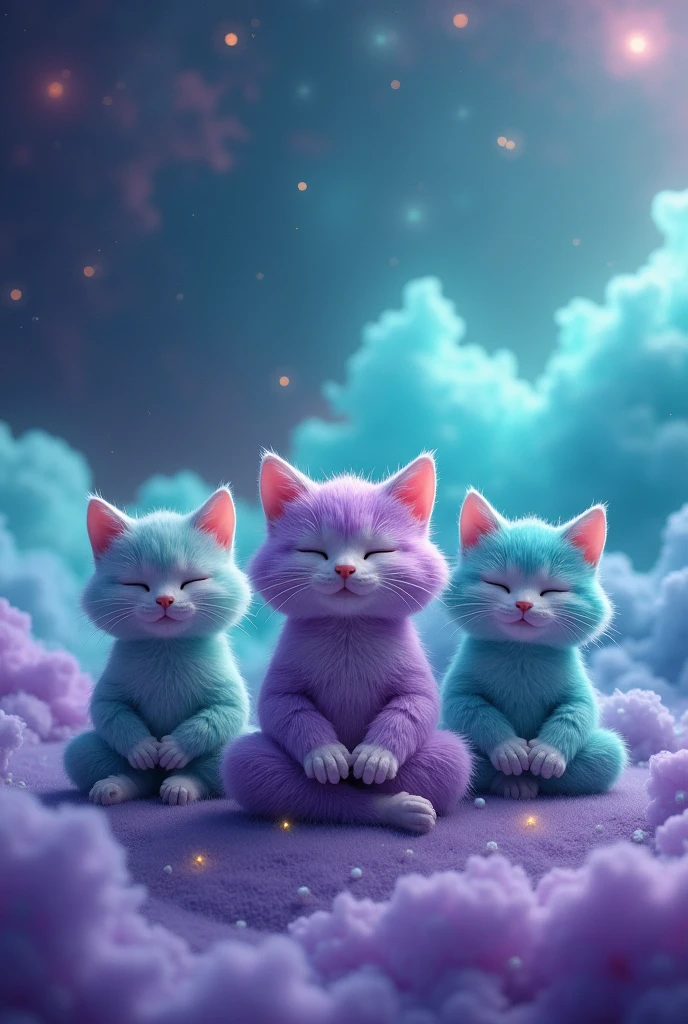 Create three cute cats, cute, hiper realisitic, realisitic, 真实感, They are meditating, they meditate, they are purple, turquoise and blue, Are they happy, and the background is the turquoise and purple galaxy