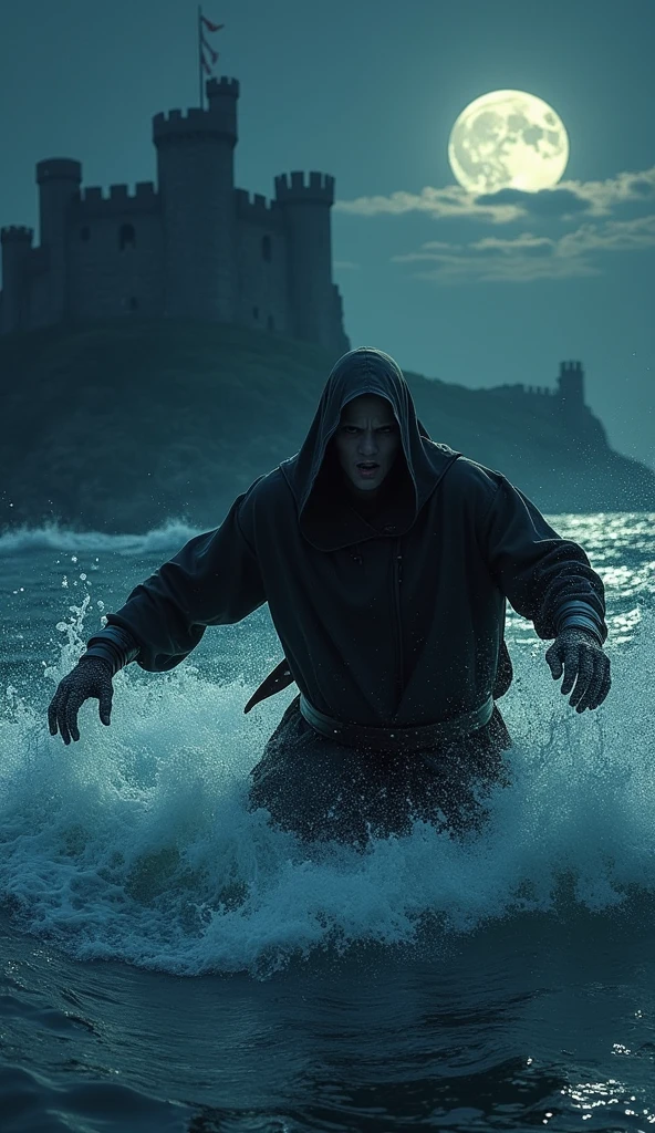 Edmond Dantès, déguisé en moine, s’échappe en nageant dans la mer pendant la nuit. Le Château d'If se profile en arrière-plan, sombre et imposant.