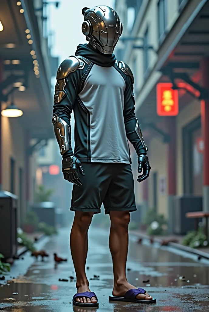 A young man with a futuristic robot helmet and shirt and shorts and flip flops.