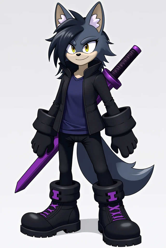 An anthropomorphic Sonic-style wolf, Short Long Black Hair, hair a little on the left side of the face and with a slightly large ponytail, with big yellow eyes, shiny pupils, with black cold weather blouse with dark blue shirt, black pants and black men's boots, with black gloves, and with a purple Katana on his back.