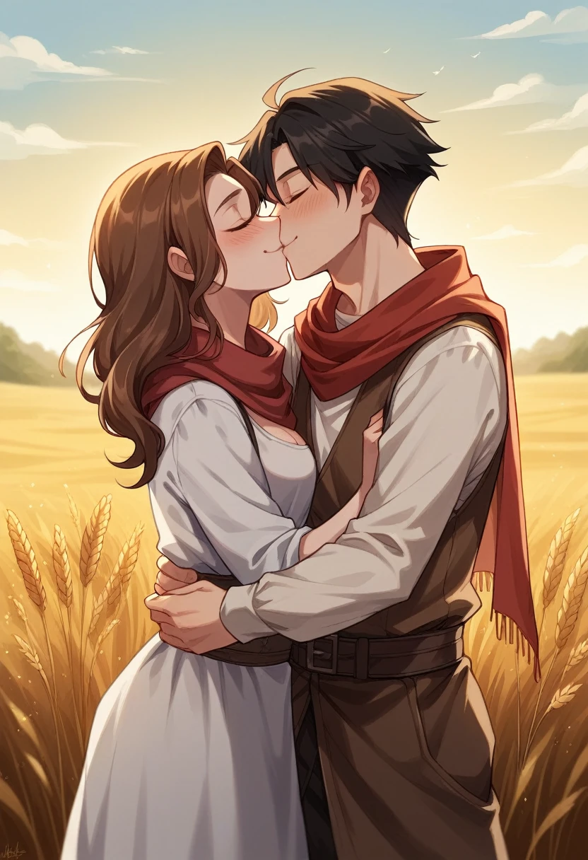 Two girls in an comics style standing close together in a golden wheat field during late afternoon. The girl on the left has short black hair and wears a red scarf, while the girl on the right has long brown hair tied back and wears a white shirt with a brown overall. Both are smiling gently, conveying a sense of camaraderie and serenity. The background features golden wheat and a clear sky with warm, soft lighting typical of late afternoon or early evening. The image should have a 16:9 ratio in Full HD resolution, medieval fantasy. Kissing
