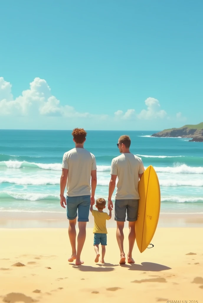 A scene on Ferradura beach in Armação de Búzios, on a sunny afternoon. Three people are walking on the sand: a 3 man with 1,80m de altura, chestnut hair, wearing shorts and a shirt, with a common body; Beside him, A 3 man, 1,76m high, a little less thin, with straight hair, walking next to a child, who is 1 meter tall and has slightly lighter hair. The younger man carries a yellow surfboard. Everyone is heading to the horizon