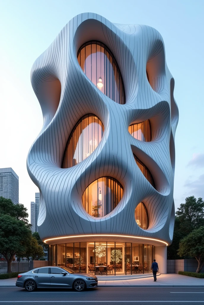  Line parametric resturant commercial building , exterior view , a car is parked in front of a parametric resturant , realistic architecture , concept commercial , 22 meters high , front view , high quality renderng , luxury architecture , realistic physical rendering , parametric commercial , installation architecture ,
