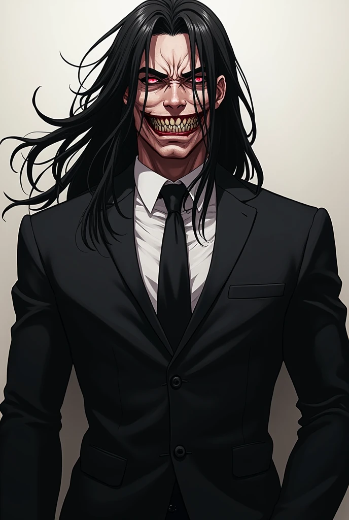 Face Portrait of an anime man with muscular body having psycho red wild eyes, psycho face, wearing black suit with tie, having gun in hand ,very long black hair, deatheye
1:1 size