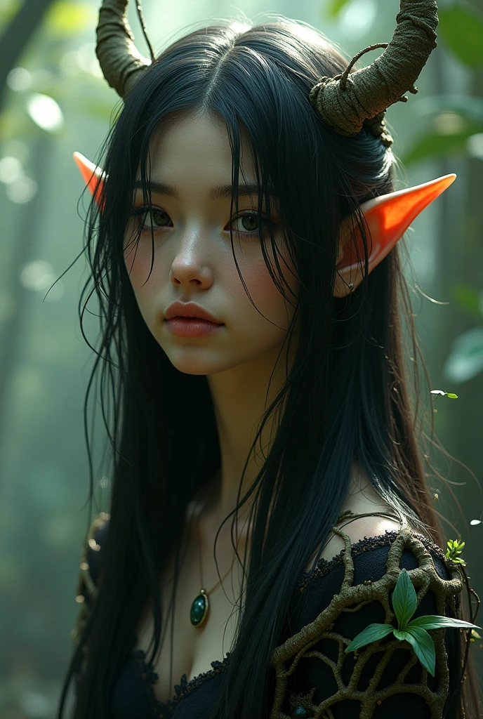 A mystical scene with a dark-haired brown woman with elf ears. His eyes are covered by tree roots that twine around his head.. Roots also emerge from their shoulders, connecting it to the natural environment. The atmosphere is enchanted, with soft light filtering through the trees, highlighting his serene and mysterious expression.