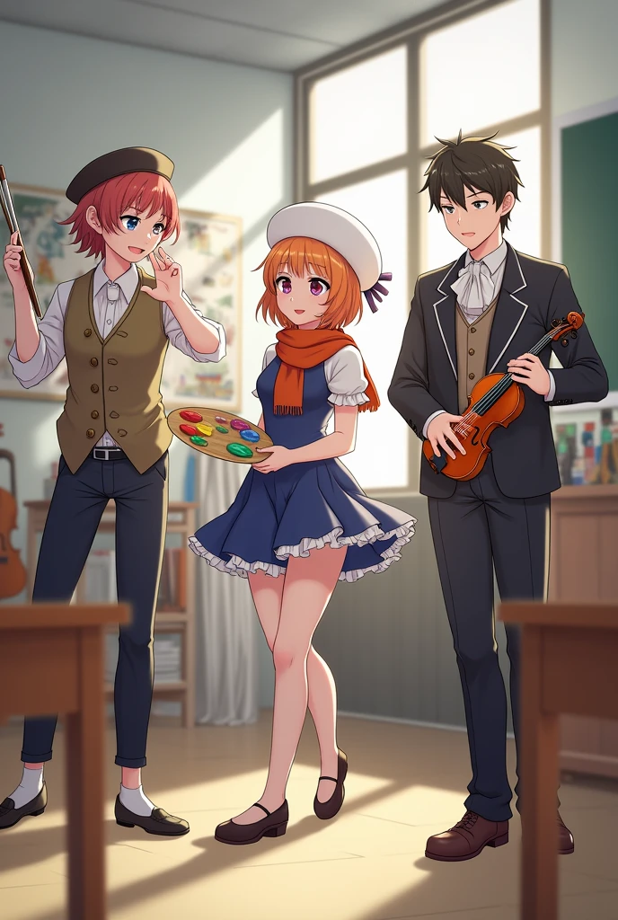 generate a picture where there will be three main people, students, one is an artist, the other is a dancer, and the other is a musician, in the background there will be other musical instruments and also in the picture, let there be an atmosphere of solidarity, let them be in the classroom and let it be seen from their appearance that one is an artist, the other is a musician, and the other is a dancer, let the dancer be the dancer the artist should be dressed as a dancer, with a scarf, a beret and a palette in his hand, and should be dressed in bright colors, and the musician should be classically dressed and hold a violin.