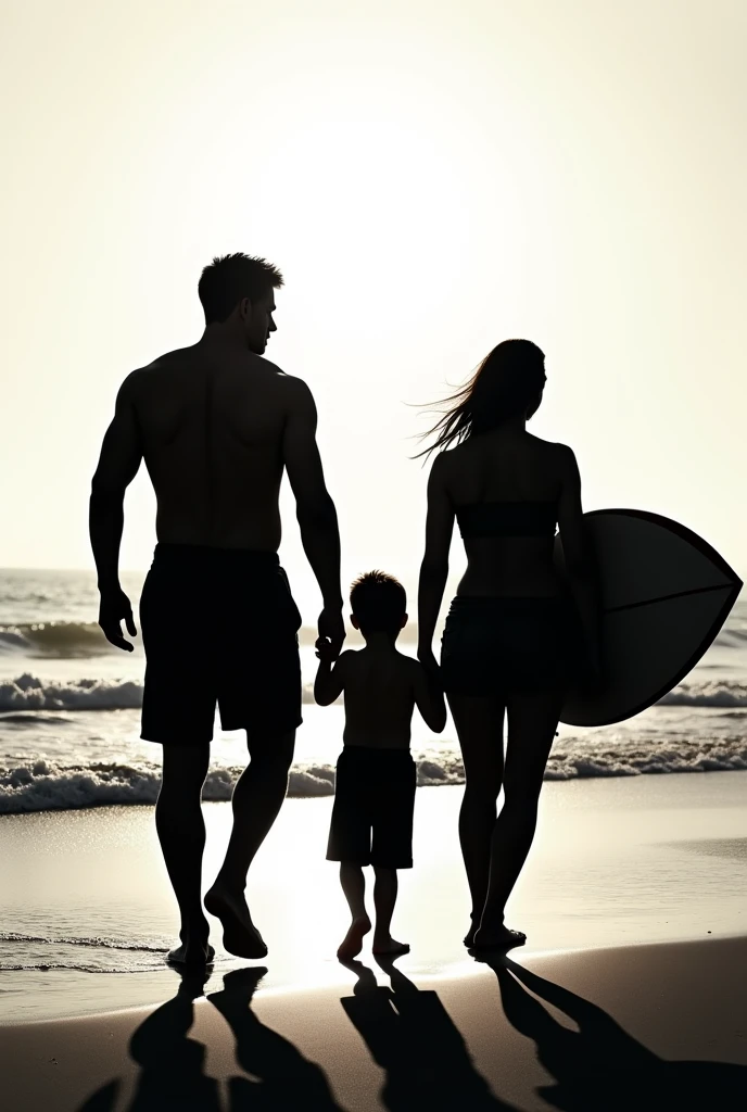 I wanted a silhouette of my son, my husband and his deceased father walking on the beach, His father is carrying a surfboard in his hand. My husband is not very muscular and his father did not die very old., It would be for a tattoo. there are 2 adult men and 1 child, is it possible to put a smaller child a little? and less muscular men?
there are 3 men and there are other options? with the beach and sun more apparent it can be black and white?there are 2 adult men and 1 child pequena são 3 pessoas essa em preoto e branco com o mar maior