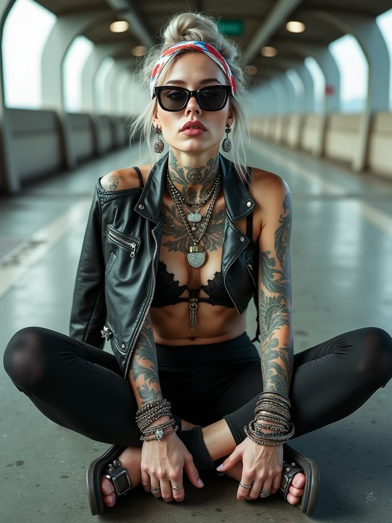 russian milf woman,  grey hair (bouffant, top bun) and oversized square sunglasses and wide  colourful bandana as headband, with very light green eyes, extremely pale. Big lips.  Aged cropped black moto jacket with side and sleeve zippers. Black lace push up bra, silicone breast,, black yoga pants with holes on knees.  Flip flops. Lots of thick wide studded bracelets, chain collars and big rings,. Additional crossed loose belts,. Long earrings with chains and feathers. Sitting on the underground with legs apart. Neck, chest, stomach and wrists heavily tattoed. Toned abdominals, thin neck, slim legs and thin arms. Narrow hips and long legs. Exhausted, cracing face, chin up. Seen from above