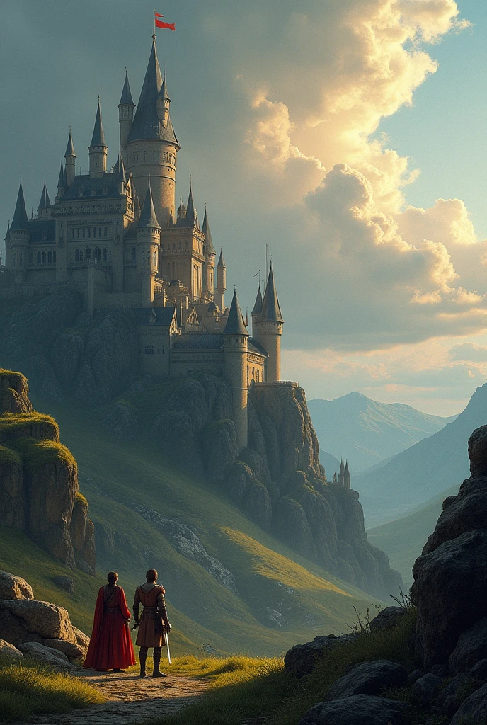 a game of thrones,2d digital painting,highly detailed,intricate fantasy landscape,dramatic lighting,epic medieval fantasy scene,elaborate castle architecture,rolling hills,cloudy skies,fantasy characters,ornate costumes,swords and armor,moody atmosphere,cinematic composition,vibrant colors,photorealistic,masterpiece