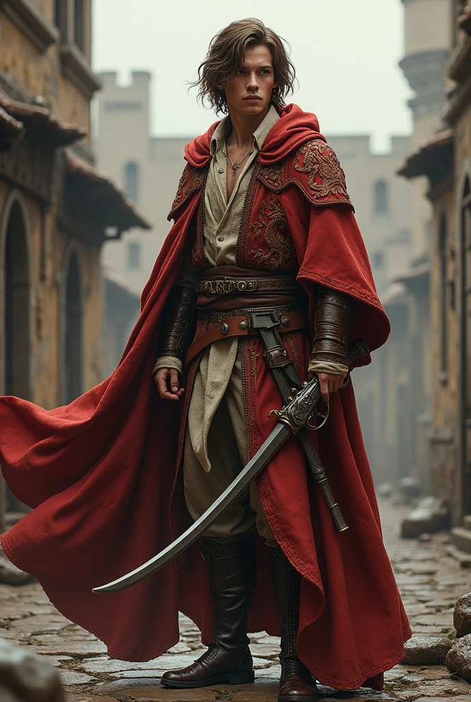 A medieval gunslinger Teenager In elegant robes Male Brown hair Older