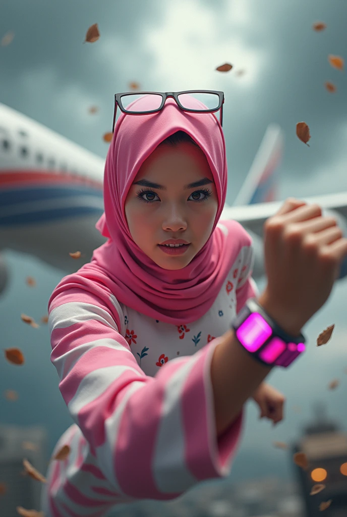 Malaysia women a realistic masterpiece. Human .wear pint watch.. 1girl wearing a hijab, detailed beautiful face, Hijab Muslim. Wear long sleeve moder design pink white pink stripe white. anger face, minimalist flower on shirt. Enger face. Open mouth. Glowing power pink. . Wear pink white.small Safety Pink yellow glasses google spectacle top of the head rubber band. Age 15 year old. Flying position. Fast fly. Panning effect Photography . Jump on and have a super strong power.. punch flying beside big aeroplane . Fight pose. Bokeh background. fist front.. At the city. Bad waether. , detailed lips, long eyelashes. Hero, modest expression, delicate facial features, natural skin tones, , detailed folds and textures of hijab, natural lighting, high quality, photorealistic, 8k, best quality. Malaysia girl. Floating small stone and dry leave. ). Running effect. Glowing yellow power. Runfast effect. Wear blue big glasses big frame. Braces teeth. Boleh background. Panning effect.pink high tech watch. flying high on sky.
