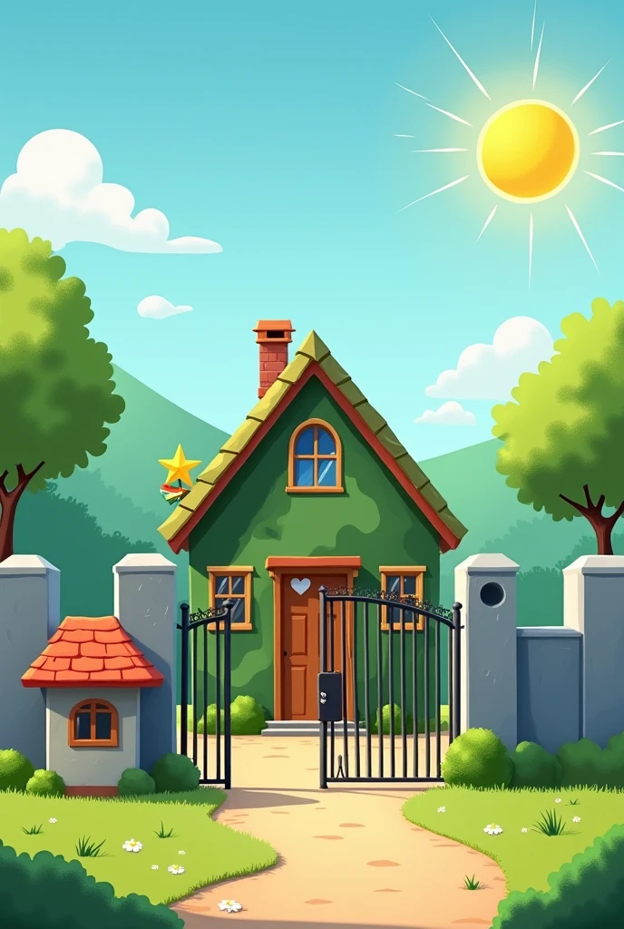 "A children's style house inspired by the Brazilian army, with a cartoon design. The house has camouflaged green walls and a simple roof, also in shades of green. Around the house, there are high walls that surround the entire property, including the front. The walls are designed as solid and robust blocks, with an iron gate at the entrance, adorned with a stylized military star. In front of the wall, there is a small guardhouse with childish details, such as a red roof and small flags on the sides. The garden inside the walls is well maintained, with green grass and some trees designed in a simplified way. The sky in the background is clear, with few clouds and a radiant sun, creating a safe and welcoming atmosphere."