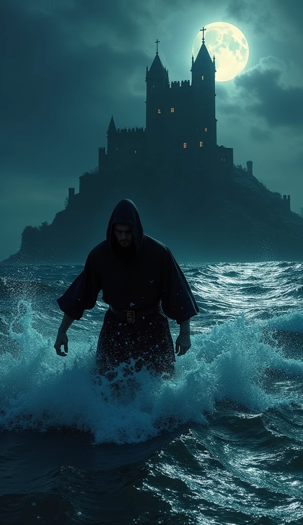 Edmond Dantès, déguisé en moine, s’échappe en nageant dans la mer pendant la nuit. Le Château d'If se profile en arrière-plan, sombre et imposant.