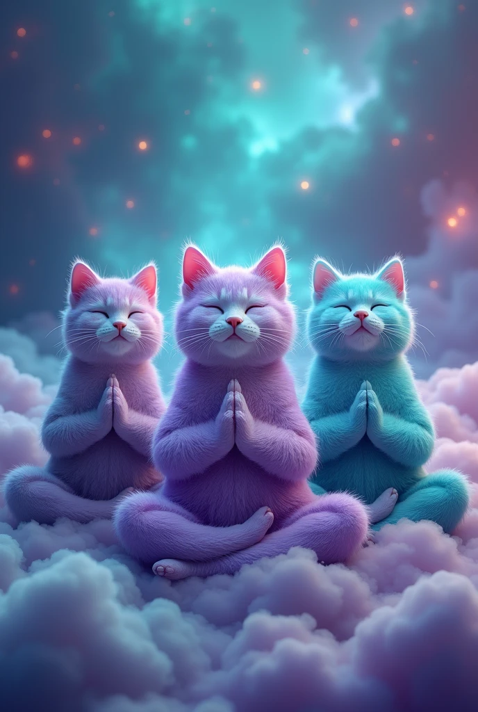 Create three cute cats, cute, hiper realisitic, realisitic, 真实感, They are meditating, they meditate, they are purple, turquoise and blue, Are they happy, and the background is the turquoise and purple galaxy