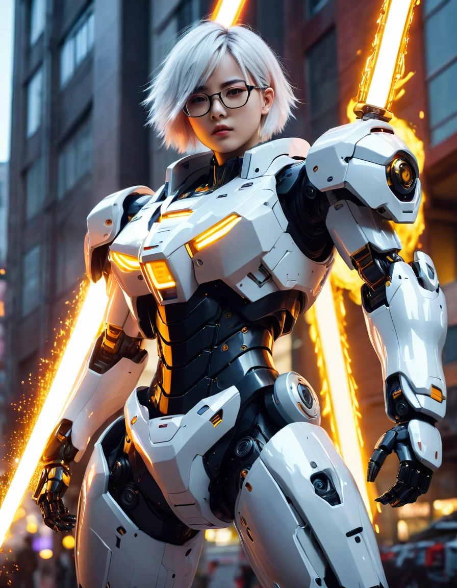 A cinematic medium shot . there is a robot with white hair and glasses standing in front ofa building, anime mecha
aesthetic, ross tran 8 k, anime robotic mixed with organic, advanced digital anime art, detailed digital anime art, badass anime 8k, best anime 4k konachan wallpaper, digital cyberpunk anime art, guweiz on artstation pixiv, with Yellow Particles, attack pose
The background is dark with sparks and embers, giving an intense and fiery ambiance. The character stands confidently, with one glowing sword crossed over the other on his back.