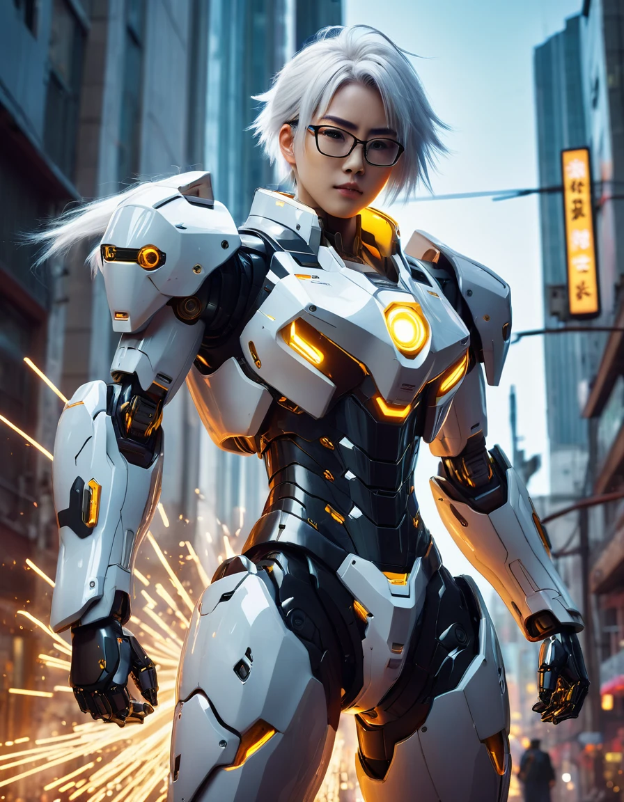 A cinematic medium shot . there is a robot with white hair and glasses standing in front ofa building, anime mecha
aesthetic, ross tran 8 k, anime robotic mixed with organic, advanced digital anime art, detailed digital anime art, badass anime 8k, best anime 4k konachan wallpaper, digital cyberpunk anime art, guweiz on artstation pixiv, with Yellow Particles, attack pose
The background is dark with sparks and embers, giving an intense and fiery ambiance. The character stands confidently, with one glowing sword crossed over the other on his back.