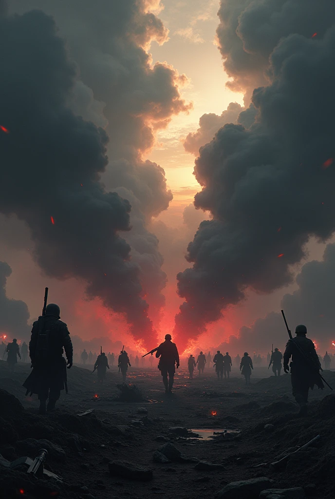 blood red battlefield, with burning flames in the background and a dark sky covered by red clouds. The ground is covered in thorns and sharp blades, and there are pools of blood that seem to have a life of their own.