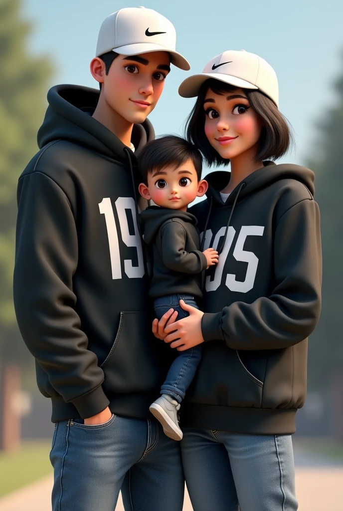 3D a man (without beard) with white nike cap,wear black hoodie with number 1998 on hoodie ,wears blue jeans while standing besides a woman with white nike cap with short shoulder hair, wear black hoodie with number 1995 on hoodie ,wears blue jeans holding boy with black hoodie