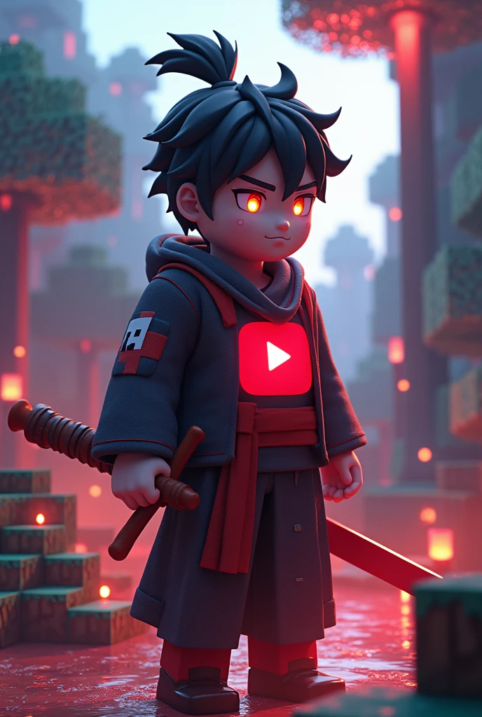 Yoriichi tsugikuni skin youtube logo with animated minecraft background
