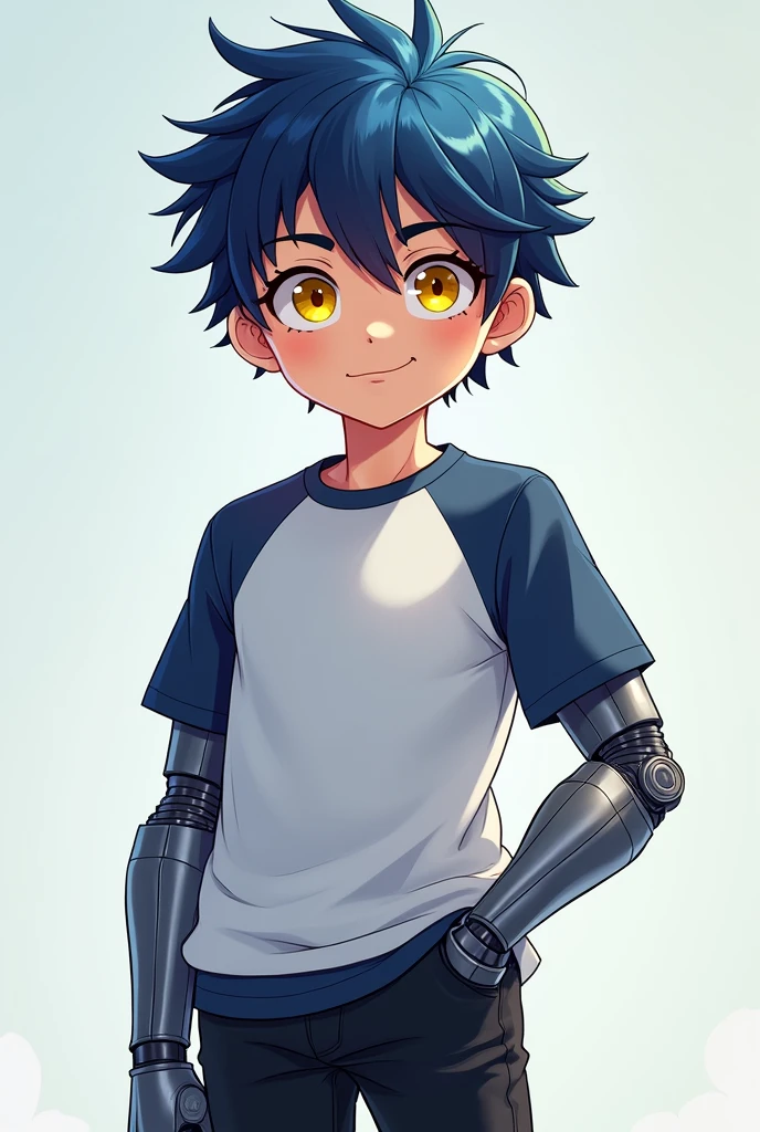Make a cartoon-style boy with a gray bionic arm,white sweatshirt under dark blue shirt,black pants and yellow eyes,just the bionic right arm,and also the blue shirt is over the sweatshirt and his hair is a mix of blue and black,and make him seventeen years old,MDS, Are you stupid or what?? Only the right arm is bionic and the sweatshirt is under the shirt,and the shirt is blue and the sweatshirt is white