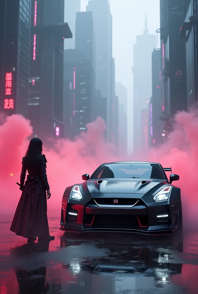 (Intricate details:1.2), (Realistic), (masterpiece), (photograph), Cinema Lighting, Cyberpunk City, fog, Cyberpunk Hypercar, Soft colors, Swirling colored smoke, Legend, Cityscape, space, Nissan GTR  Nissan Ground Vehicle, car, Samurai women, scenery, alone, Car both focus, At night, Front Quarter, Liberty Walk Widebody, Widebody Information
